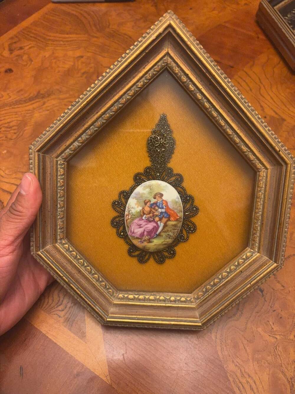 Vintage Fragonard Courting Couple Porcelain Plaque in Ornate Hexagonal Frame